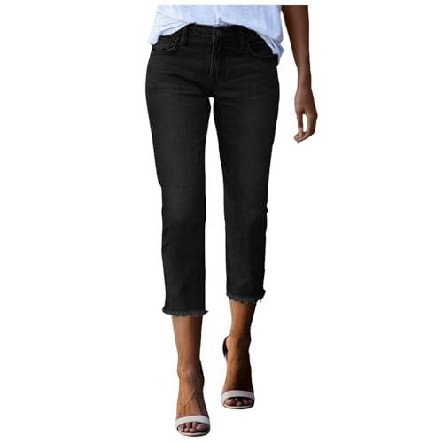 Jeans capri de moda para mujer, elásticos, dobladillo desgastado, pierna recta, cintura elástica, control de abdomen, pantalones casuales de verano, Negro, S