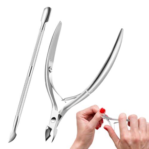 Corta cuticulas, 2 cuidado de cutículas — Kit de alicates de acero y herramienta de eliminación (Incluye cortacutículas de acero inoxidable y empujador de cutículas de doble punta)
