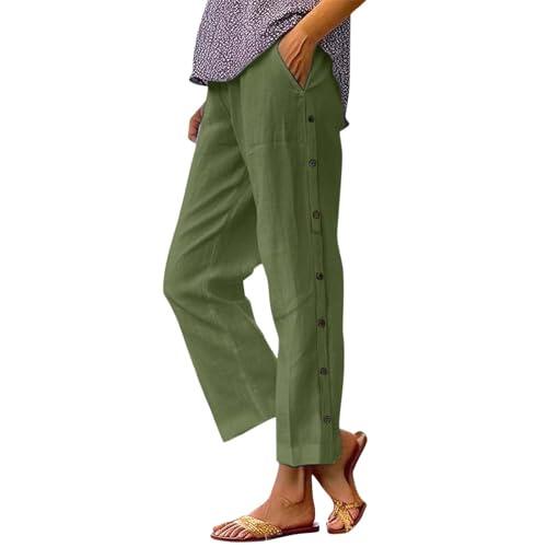 Pantalones largos casuales de lino para mujer, cintura elástica, detalle de botón, cómodos, pantalones de verano con control de abdomen, verde, L