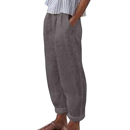 Pantalones cómodos de cintura alta y pierna ancha con cordón elástico para mujer, pierna recta, pantalones largos con bolsillos y control de abdomen, gris, L