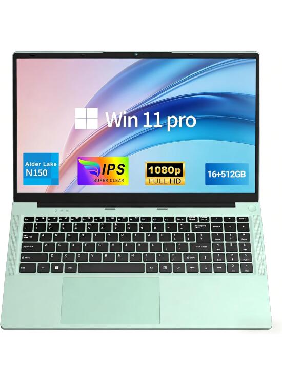 Ordenador Portátil 15.6 Pulgadas, 16 GB de RAM, 512 GB de SSD, 2026 Win 11 Pro Laptop, PC Portátil Procesador N150 (hasta 3,6 GHz), 6000mAh, FHD 1920 * 1080, Teclado Retroiluminado，Pale Green