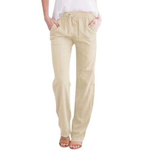 Pantalones largos de lino de cintura alta y pierna ancha para mujer, ligeros, casuales, para verano, playa, control de abdomen, beige, 3XL
