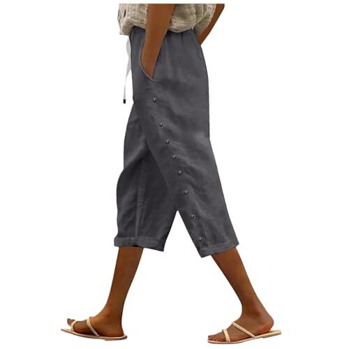 Pantalones holgados de verano para mujer, cintura elástica, botones laterales, decoración versátil, capris casuales, pantalones recortados, cintura elástica, control de abdomen, uso diario, gris