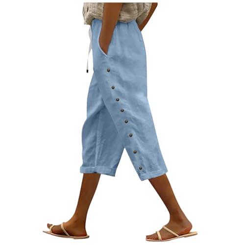 Pantalones holgados de verano para mujer, cintura elástica, botones laterales, decoración versátil, capris casuales, pantalones recortados, cintura elástica, control de abdomen, uso diario, azul