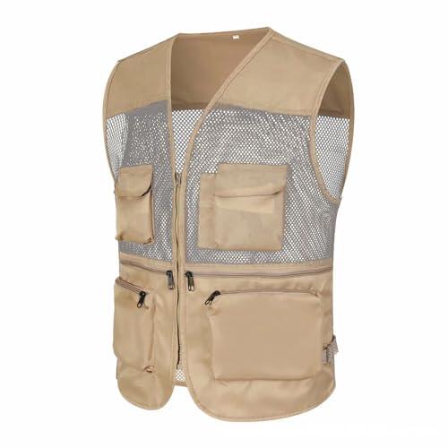 QXQLSH - Chaleco de pesca para hombre, para ocio, al aire libre, trabajo, safari, pesca, viajes, chaleco tipo cargo, chaleco de malla para fotos, múltiples bolsillos, beige, XXL