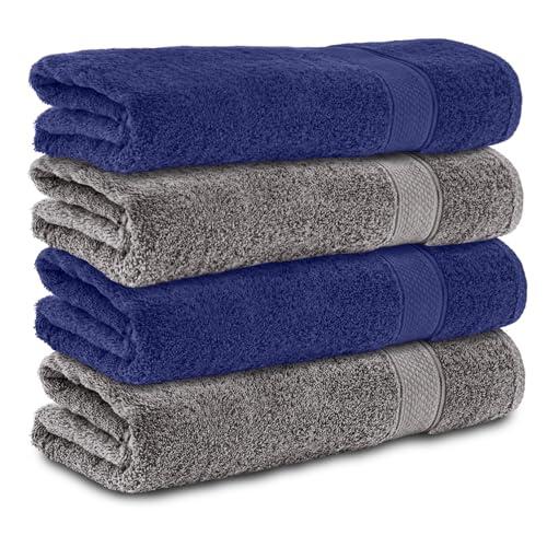 Komfortec Juego de 4 Toallas de Baño 70 x 140 cm – 100% Algodón – Suaves y Alta Absorción – Antracita/Azul Marino