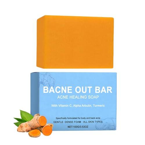 Jabón En Barra Bacne Out Con Cúrcuma, 100 G De Vitamina C Y Alfa-arbutina, Limpiador Iluminador Y Eliminador De Manchas Oscuras,Jabón Reparador Para El Acné En Espalda, Rostro, Pecho Hombros