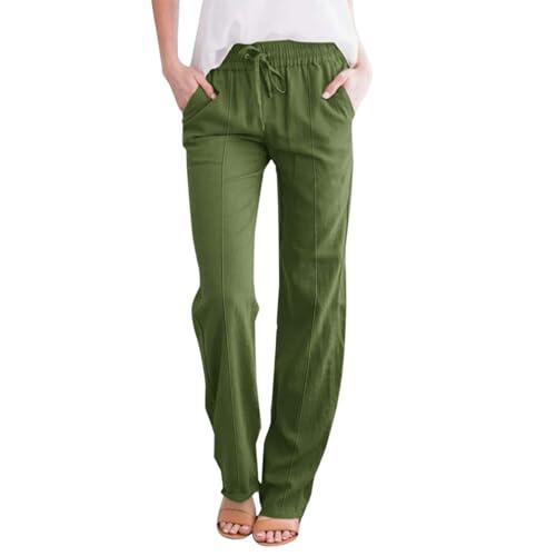 Pantalones largos de lino de cintura alta y pierna ancha para mujer, ligeros, casuales, para verano, playa, control de abdomen, verde, S