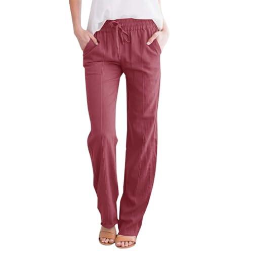 Pantalones largos de lino de cintura alta y pierna ancha para mujer, ligeros, casuales, para verano, playa, control de abdomen, Rojo ladrillo, S