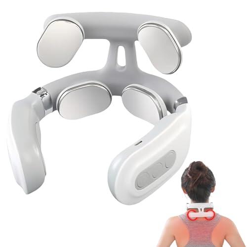 Masajeador cervical eléctrico de impulsos, 6 modos de masaje y calentamiento, 16 niveles de fuerza ajustables, masajeador de cuello portátil con control de voz para aliviar los dolores cervicales y la