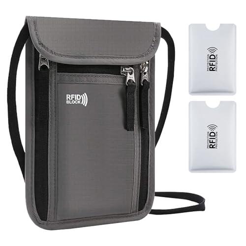 MLPKOI Portadocumentos Viaje de Cuello con Bloqueo RFID, Cartera Cuello Pasaporte Impermeable, Portadocumentos de Viaje con Correa, Funda Colgante para Documentos Efectivo Hombres Mujeres (Gris)