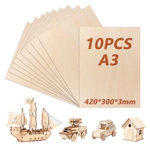10 Piezas Madera de Balsa Fina, 420x300x3mm Madera Contrachapada, Tablero Contrachapado, Sin Terminar Tablero Madera para Manualidades Decoración, Pintura, Proyectos de Láser, Modelado