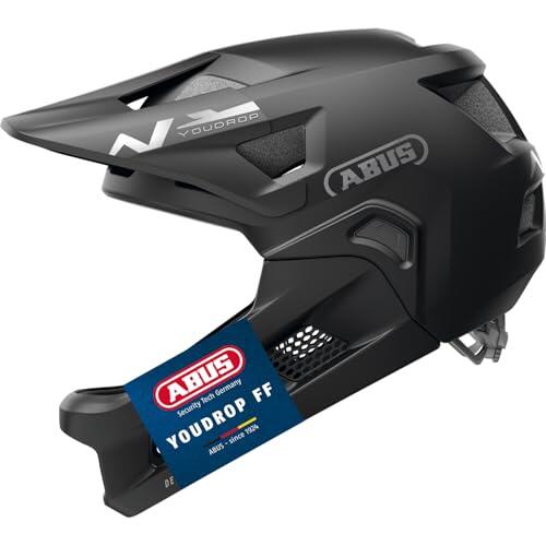 ABUS YouDrop FF - Casco de Bicicleta de montaña para niños y jóvenes, para iniciar el Ciclismo de montaña, con Protector de Barbilla extraíble, Color Negro, Talla S