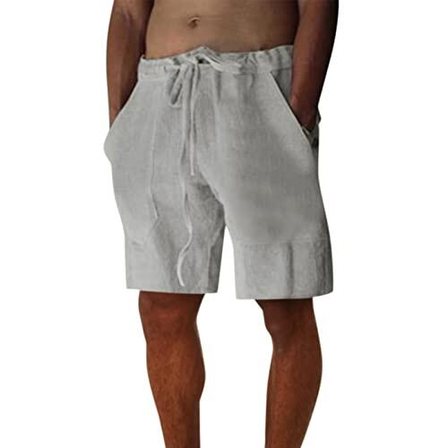Pantalones cortos de verano para hombre, pantalones cortos de playa de lino con cintura elástica y bolsillos, pantalones cortos de lino sueltos y ligeros de color liso, #002, M