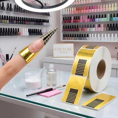 Leddy Living Papel de liar Nail Form 500 uds. Oro rollo para reconstrucción y alargamiento de gel, autoadhesivos preperforados con números, ajustables para todos los dedos, resistentes y flexibles