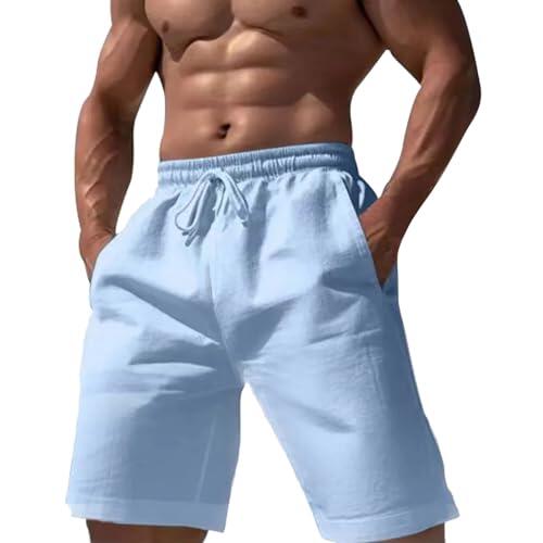 Pantalones cortos de lino para hombre, de verano, con bolsillos, informales, pantalones cortos de lino para hombre, color liso, pantalones cortos de verano, pantalones de lino, #002, S