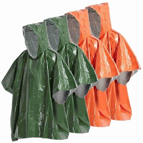 HUIOP Poncho de Lluvia de Emergencia, Manta Térmica, Paquete 4, Resistente a la Intemperie, Equipo Supervivencia Al Aire para Acampar para Adultos y Verde Militar, (Verde militar y naranja.)
