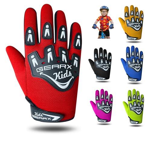 GearX Guantes de Ciclismo para niños, BMX, Bicicleta de montaña, Motocross, Enduro, Paintball, ATV, Quad, Karting, Deportes y Senderismo, Rojo,S