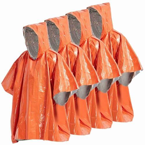 HUIOP Poncho de Lluvia de Emergencia, Manta Térmica, Paquete 4, Resistente a la Intemperie, Equipo Supervivencia Al Aire para Acampar para Adultos y Verde Militar, (Naranja)