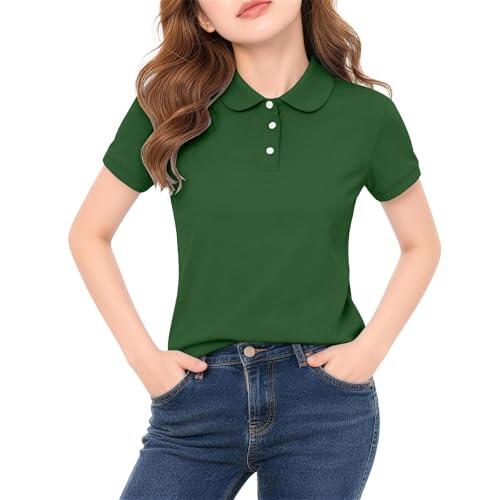 Camisa polo de manga corta para niñas, cuello de solapa, ajuste delgado, con botones, para adolescentes, niñas, verano, descanso, atletismo, ciclismo, escuela, cumpleaños, Verde tirando a negro, 5-6