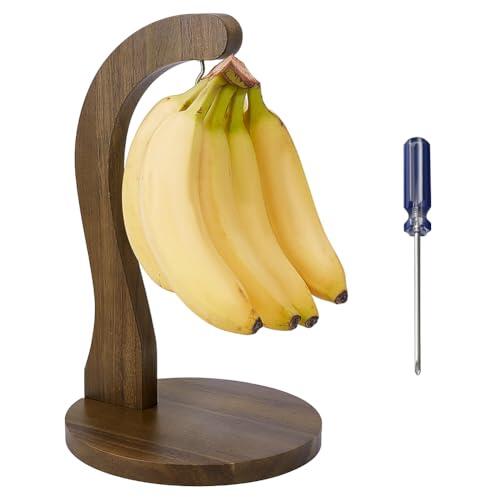 BENECREAT Soporte para plátanos de madera de acacia con gancho de metal, soporte para colgar frutas, soporte de árbol para mantener los plátanos frescos para la cocina