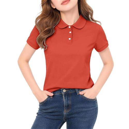 Camisa polo de manga corta para niñas, cuello de solapa, ajuste delgado, con botones, para adolescentes, niñas, verano, descanso, atletismo, ciclismo, escuela, cumpleaños, Rojo ladrillo, 3-4 años