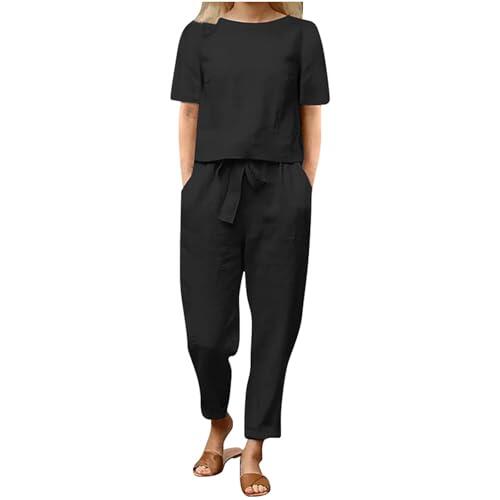 2 Piezas Conjunto Mujer Verano Casual Elegante Lino Y Algodón Chandal Completo Top Y Pantalon Suave Y Cómodo Conjunto Deportivo Cintura Alta Loungewear Manga Corta Diarios Trabajo Playa Vacaciones