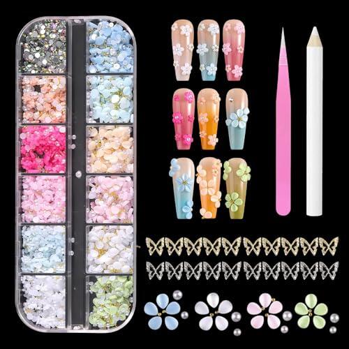 Tastetreasure Kit de 2000 gemas y dijes para arte de uñas, pétalos de flores 3D, cuentas de caviar doradas y plateadas y diamantes de imitación para decoración de uñas, juego profesional con bolígrafo