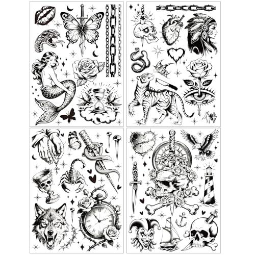 Qpout 4 Hojas Grandes Negras Tatuajes Temporales De La Vieja Escuela Para Hombres, Mujeres, Adultos, Pegatinas Vintage Realistas Impermeables CláSicas De Tatuajes Falsos - Estilos Retro