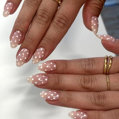 Ceboic 24 Piezas Nude Uñas Postizas Almendra Medianas, Francesas Lunares Blancos Press on Nails Naturales Adhesivas Uñas, Cubierta Completa Acrílicas Puntas de Uñas para Mujeres y Niñas