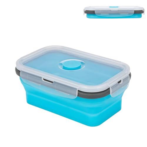 Tupper Plegable de Silicona 500ml, Fiambrera Silicona Hermética para Comida, Recipiente Plegable Portátil para Alimentos, Libre de BPA, Apto para Microondas y Congelador, Azul y Gris
