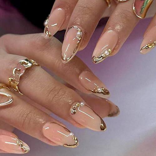 Ceboic 24 Piezas Uñas Postizas Almendra Mediana, Perlas 3D Francesas Press on Nails Bailarina Naturales Adhesivas Uñas, Cubierta Completa Acrílicas Puntas de Uñas para Mujeres y Niñas