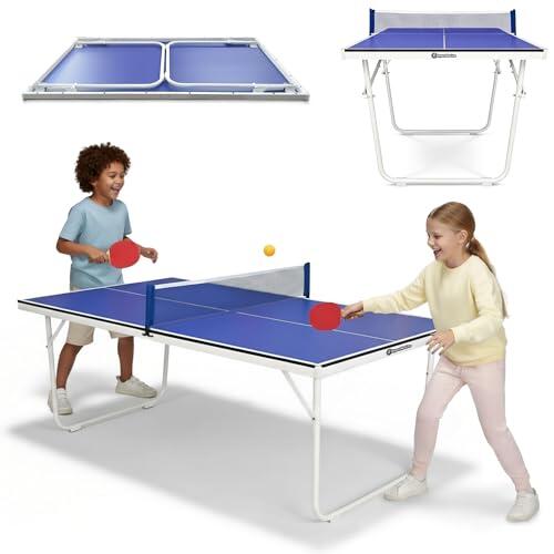 HyperMotion Mesa de Ping Pong Plegable para Casa, Mesa Compacta de Tenis de Mesa Indoor para Juego Recreativo, Diseño Ahorra Espacio con Red, 2 Palas y Pelotas, Mesa Familiar para Niños y Adultos