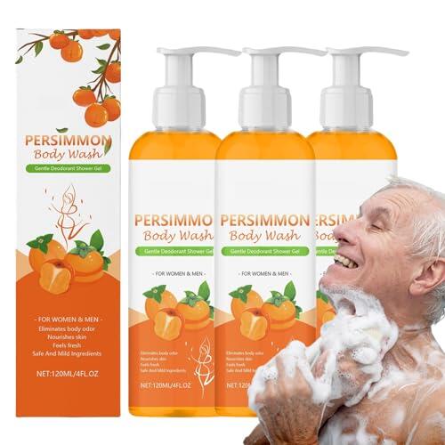 3PCS Gel De Ducha Natural De Caqui, 120 Ml Gel De Baño De Caqui, Jabón De Caquis Para El Olor De Las Personas, Desodorización Eficiente, Fragancia Duradera, Piel Suave Y Espuma