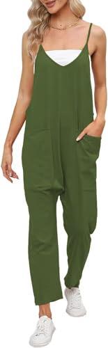 Cegerne Mono Mujer Verano Holgado Sin Mangas Peto Mujer de Lino Mono Trabajo Jardinería Casual con Bolsillos Grandes, Verde militar, M