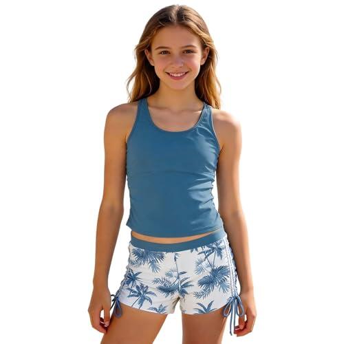 CEWIFO - Conjunto de bañador de dos piezas para niñas, tankini, traje de baño con acolchado, top y bañador corto, conjunto de trajes de baño para niñas de 6 a 13 años, #03-azul, 11-12 años