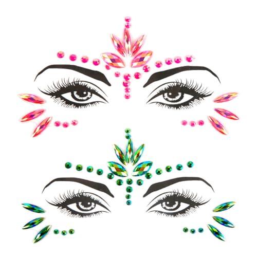 YIPFEN 2 piezas brillantes para la cara, pegatinas autoadhesivas en rosa y verde, cristales brillantes para maquillaje de festival, carnaval y fiestas