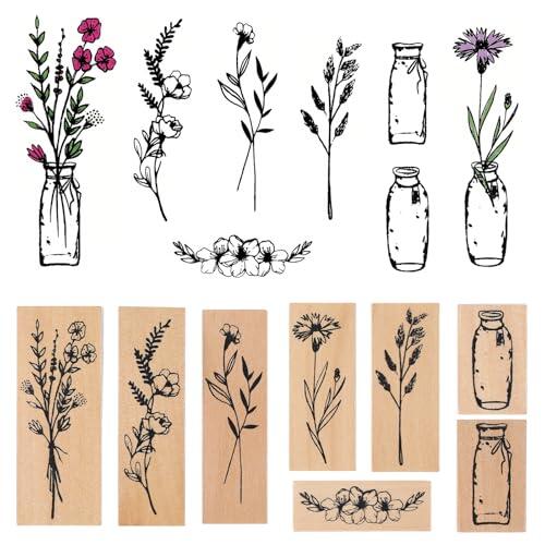8 sellos de madera vintage, flores y jarrones, estampado de plantas, sellos de madera, plantas naturales, flores, vintage, sello de diseño, para manualidades, manualidades, álbumes de recortes (1)