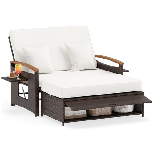 COSTWAY Sofa Exterior de Ratán con Reposapiés de Almacenamiento, 2 Plazas Tumbona Acolchado, Cama Respaldo Ajustable de 4 Niveles, Bandejas Laterales Retráctiles