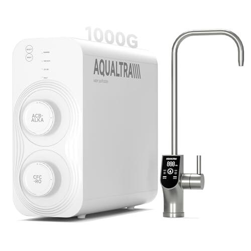 AQUALTRA USF-AR-1000 Sistema de ósmosis inversa debajo del fregadero, sistema RO alcalino sin depósito de 10 etapas, certificado NSF/ANSI/CAN 372, 1000 GPD, relación 3:1, grifo LED inteligente