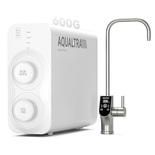 AQUALTRA USF-AR-600 Sistema de ósmosis inversa debajo del fregadero, sistema RO alcalino sin depósito 10 etapas, certificado NSF/ANSI/CAN372, 600GPD, relación purín/drenaje 3:1, grifo LED inteligente