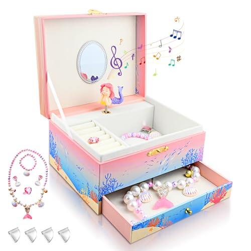 KOMABLEN Sirena Joyero Musical Niña, Caja de Musica con Cajón Extraíble, Caja Musical con Juego de Joyas e 4 Protector Esquinas, Mundo submarino Jewelry Box Regalo de Cumpleaños de 3-10 años