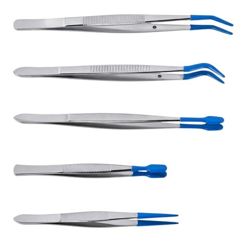 5 Pinzas con Puntas de Goma, Punta Plana Recta y Curva, Pinzas Largas de Precisión para Sellos, Monedas, Cuentas, Joyería, Plantas de Acuario, Alimentación de Mascotas, Azul