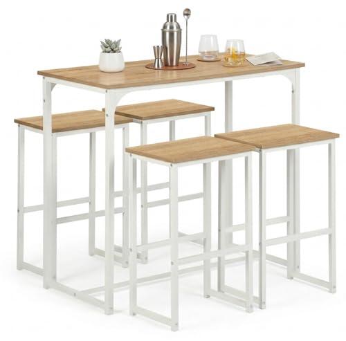 Juego de mesa de bar con 4 taburetes, mesa alta de cocina y 4 sillas de bar, comedor de pie con taburete, para apartamento pequeño, cocina, comedor, salón, balcón, bar, madera rústica y blanca