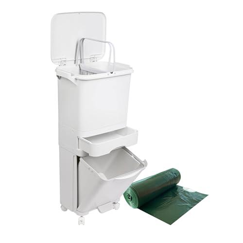 Papelera de reciclaje de clasificación selectiva con pedal, ruedas y asa de triple compartimento de 42L (24L + 4L + 14L). INCLUYE regalo bolsas de basura