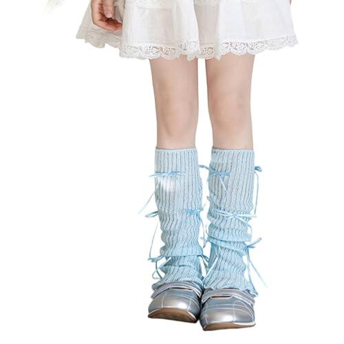 Oxxggkao Calcetines largos de pantorrilla con lazo, calentadores de piernas, transpirables, medias de moda para niñas de 3 a 13 años, azul, Talla única
