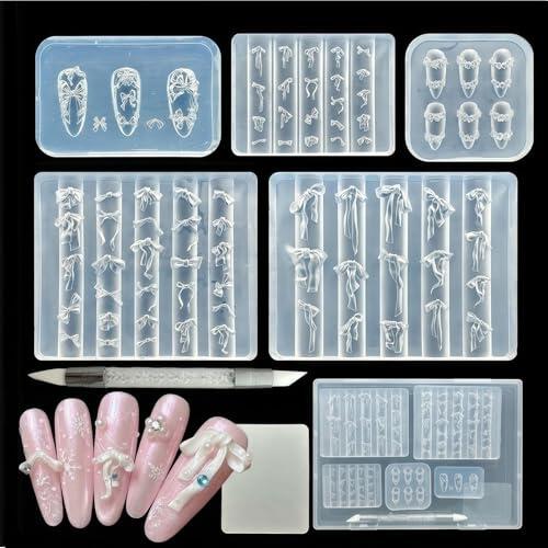 Bafutayawa 3D Gel de Uñas Arte Molde de Silicona Set de 5 para Diseño de Uñas, Accesorios DIY para Lazos y Flores, Alternativa a Plantillas de Estampado & Flexibles, Incluye 2 Bolígrafos de Silicona