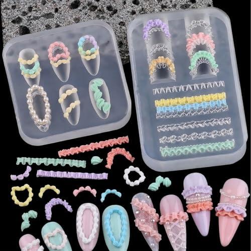 Bafutayawa Set de Moldes de Silicona para Arte de Uñas en 3D, Diseño de Uñas, Set de Crema & Encaje DIY, Alternativa a Plantillas de Estampado, Incluye Lápiz Aplicador