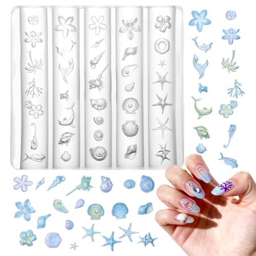 Bafutayawa 3D Gel Nail Art Mold para Diseño de Uñas, Set de Uñas Verano Mar & Conchas Accesorios DIY, Alternativa a Plantillas de Estampado, Flexible & Transparente