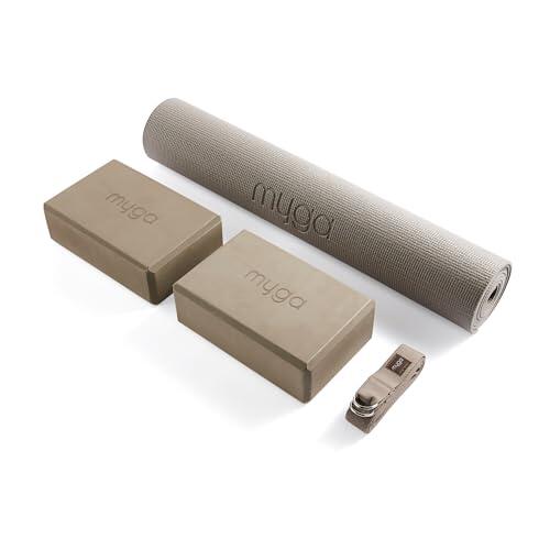 Myga Juego de iniciación de yoga - Esterilla de yoga, 2 bloques de yoga y correa con anillo en D de metal - Kit de yoga y pilates antideslizante para entrenamientos en casa y fitness - Ligero y